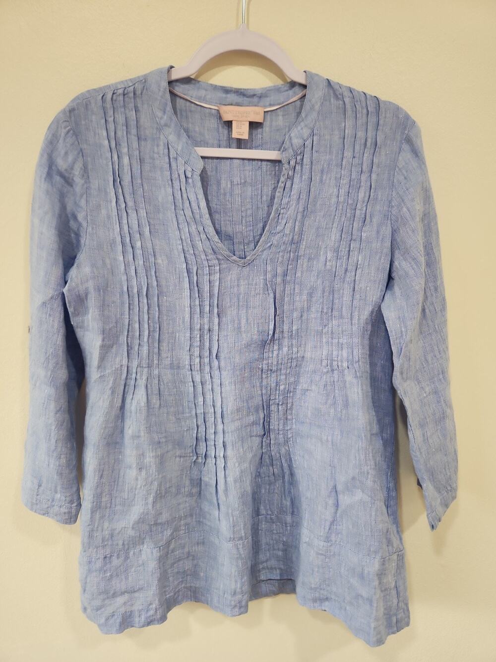 Saint Tropez West SZ M 100% Linen Pastel Blue Ruffled 3/4 Sleeve Tunic Top